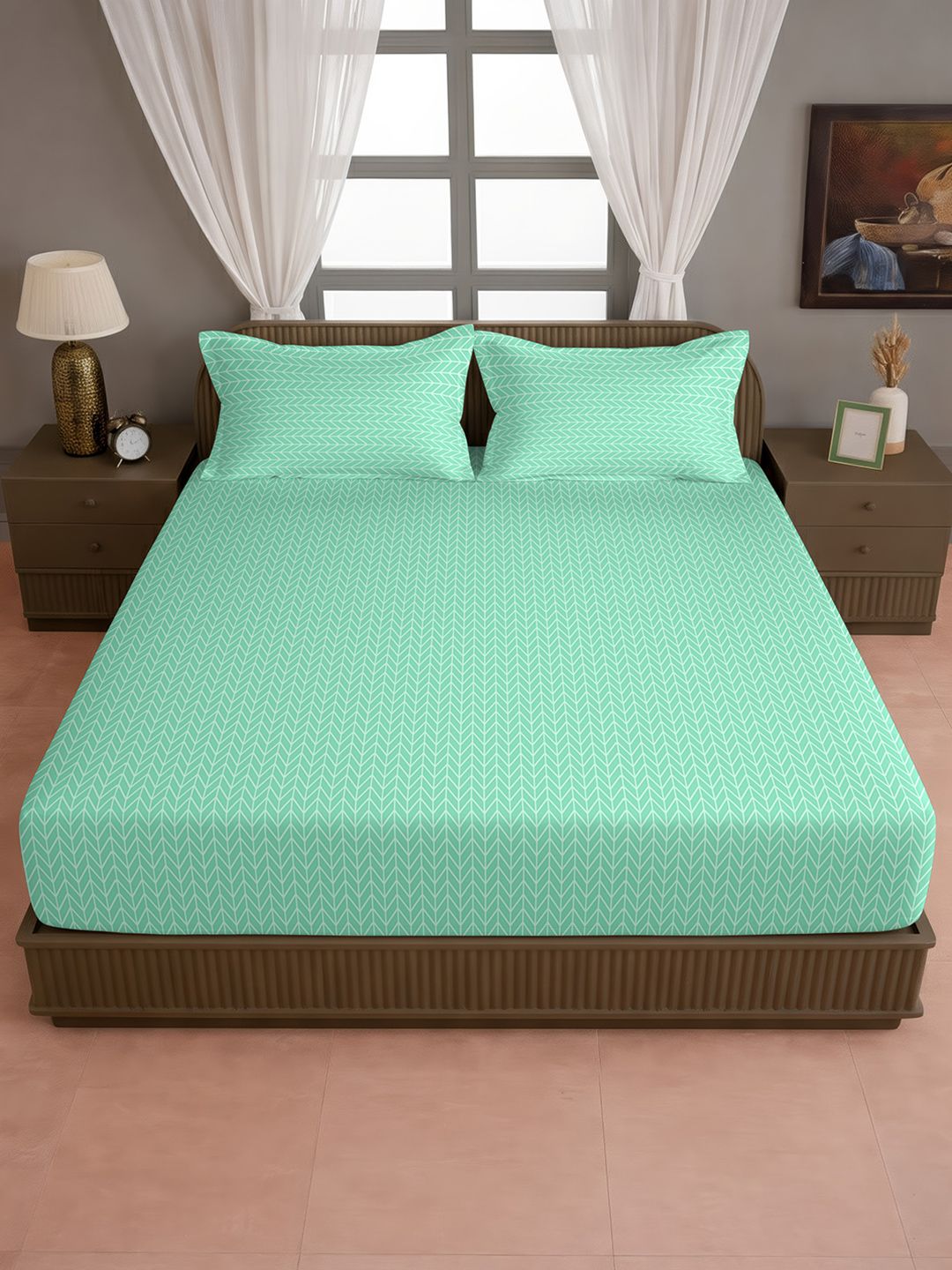SWAYAM SWAYAM Pure Magic Green Geometric Cotton 144 TC Fitted King Bedsheet with 2 Pillow Covers-75 x 72 inches