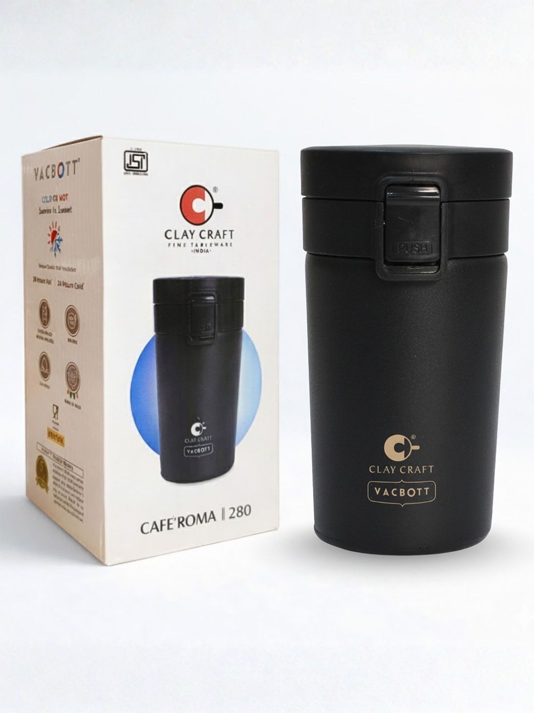 Clay Craft Vacbott Bis Certified Black Double Wall Vacuum Insulated Travel Mug 280ml