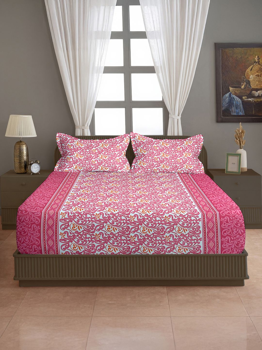 SWAYAM SWAYAM Pink Floral 120 TC King Bedsheet with 2 Pillow Covers