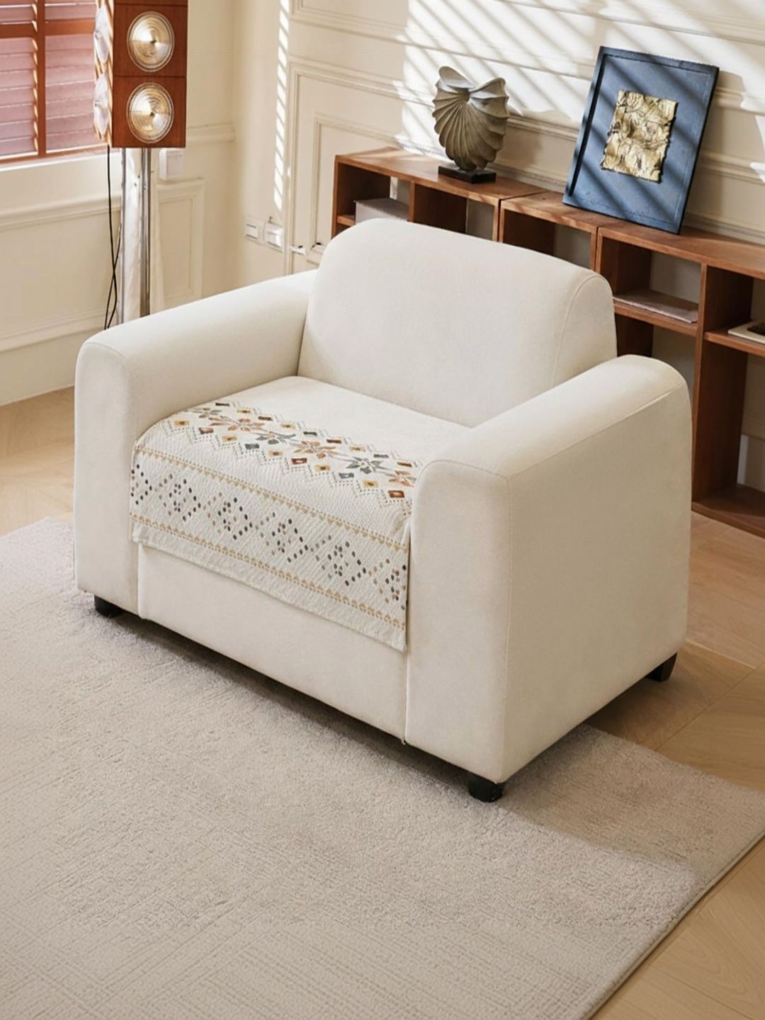 HOUSE OF QUIRK Cream-Coloured & Off White Printed 1 Piece Sofa Cover Without Arms