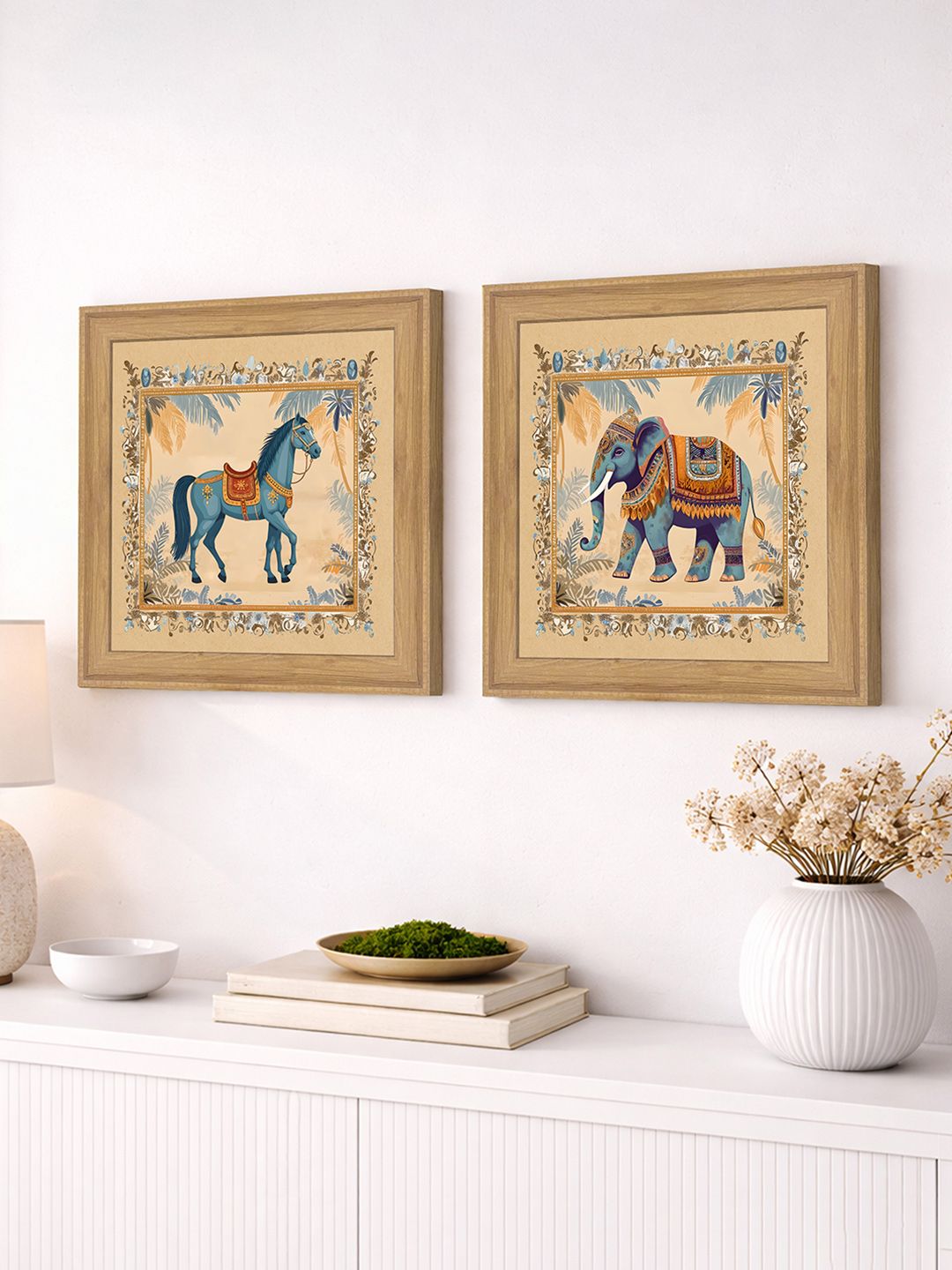 Art Street Art Street Blue & Beige 2 Pieces Mughal Floral Wooden Wall Art