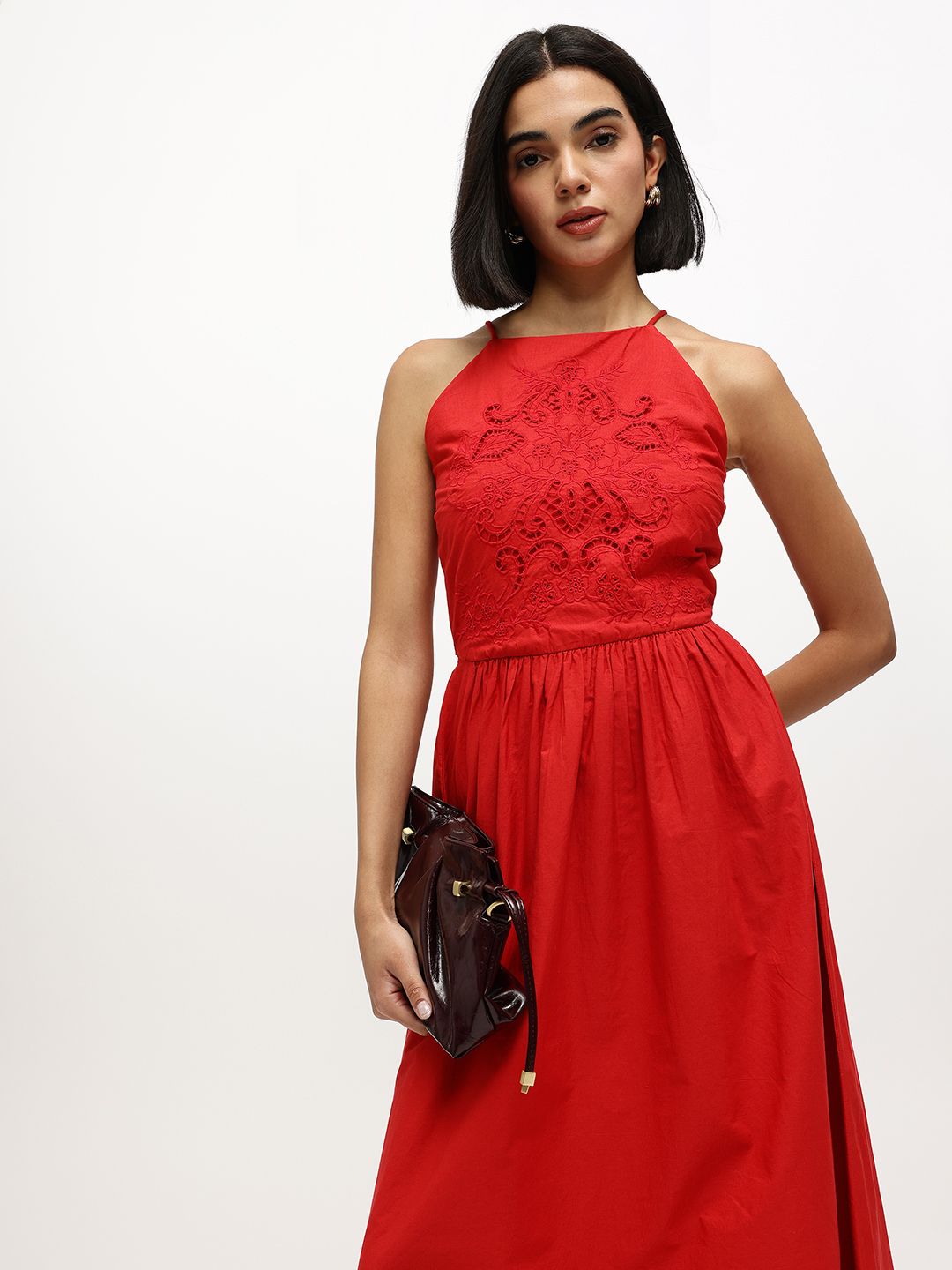 Floral Embroidered Halter Neck Pure Cotton A-Line Maxi Dress