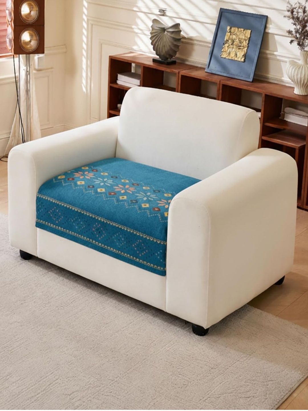 HOUSE OF QUIRK Blue & Blue Printed 1 Piece Sofa Cover Without Arms