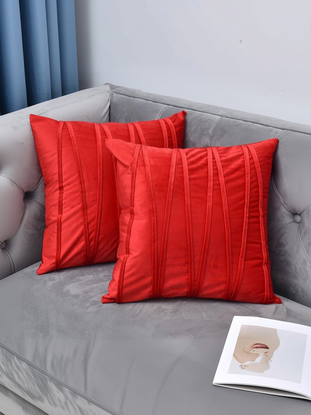 KNOTTING HOME Red Set of 2 Velvet Square Cushion Covers