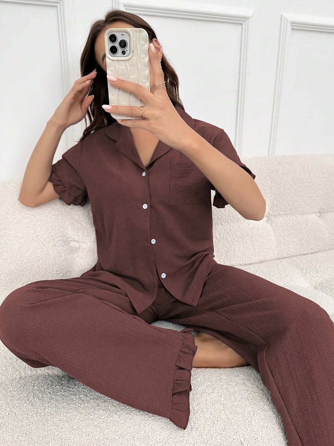 Buy GENZILOOKS Brown Frilled Shirt and Trousers Set - Co-Ords for