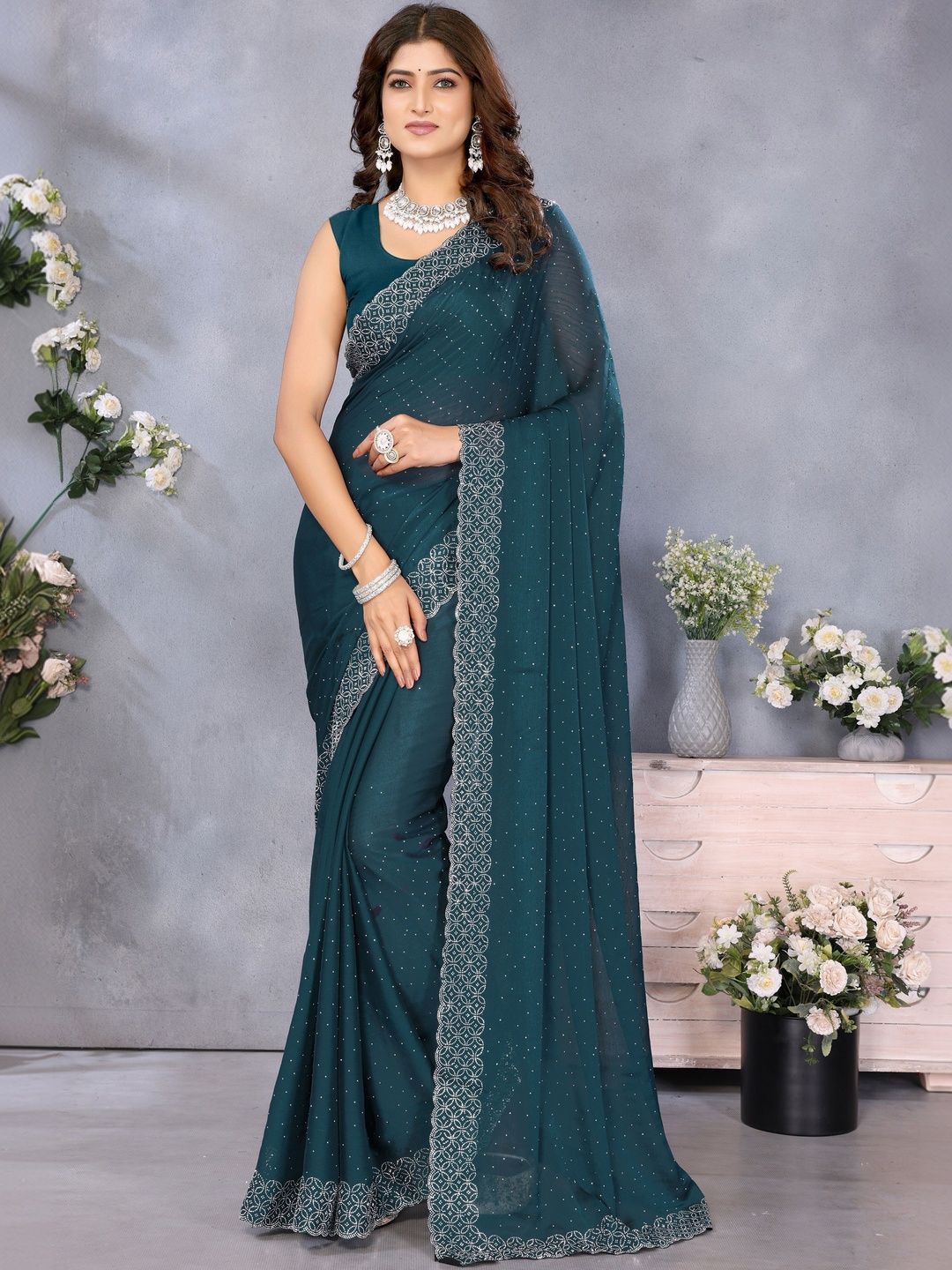 Sangria Embellished Sarees With Unstitched Blouse