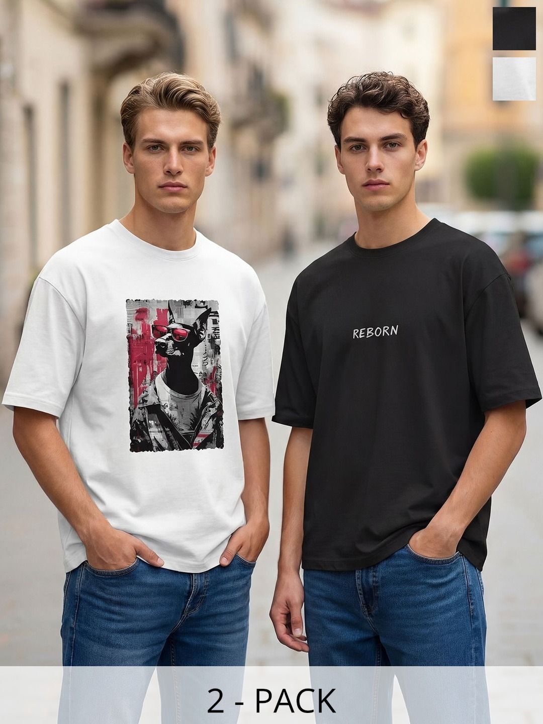 BULLMER Pack Of 2 Typography Printed Round Neck Oversized T-shirts