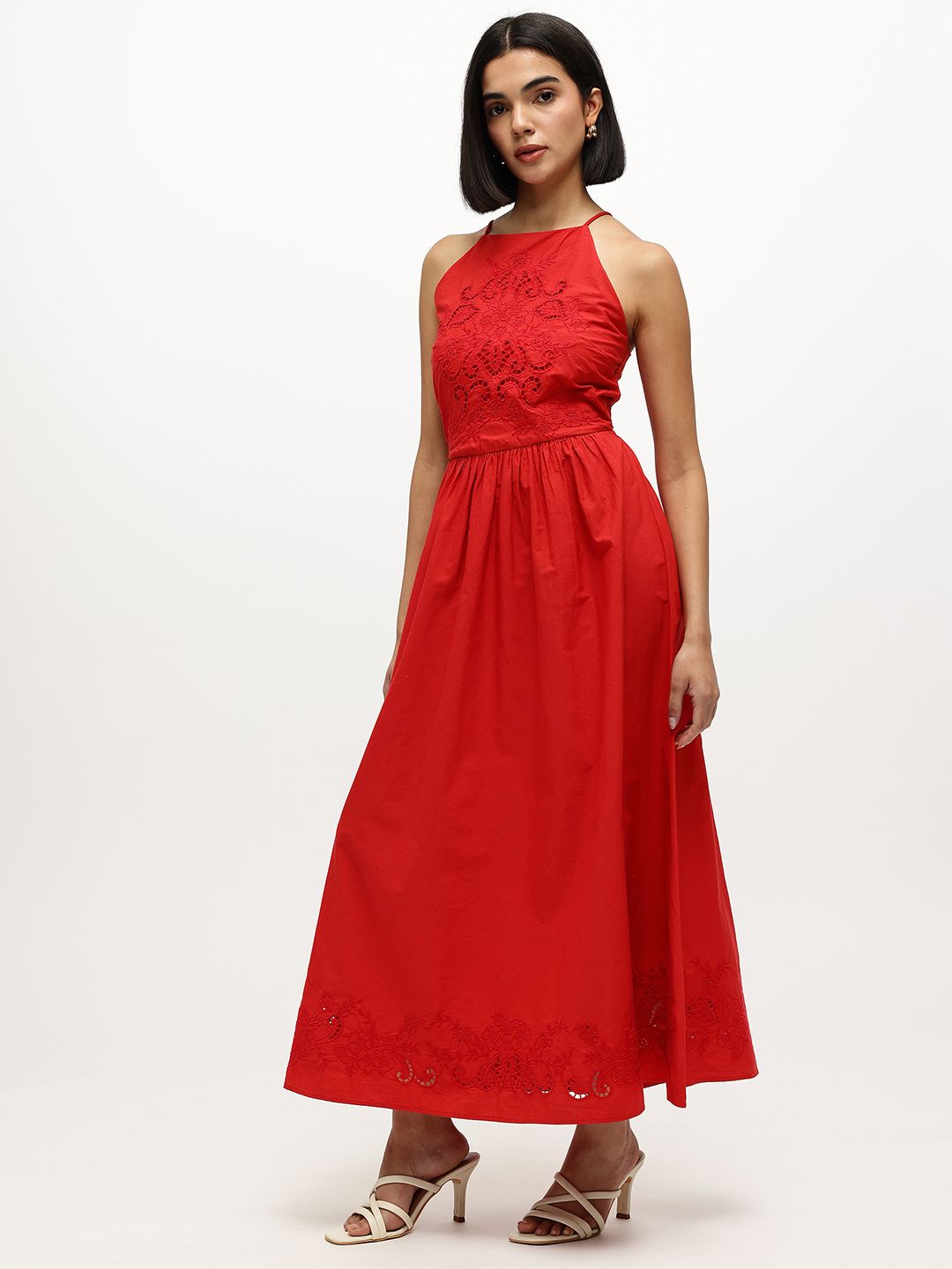 Floral Embroidered Halter Neck Pure Cotton A-Line Maxi Dress