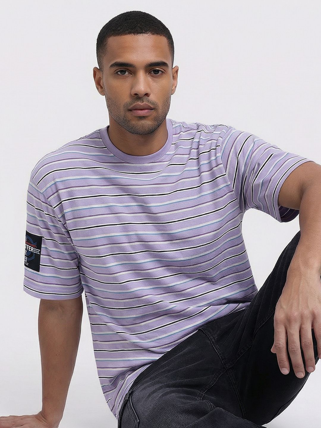 The Roadster Life Co. Horizontal Striped Applique Detail Drop-Sleeves Relaxed T-shirt