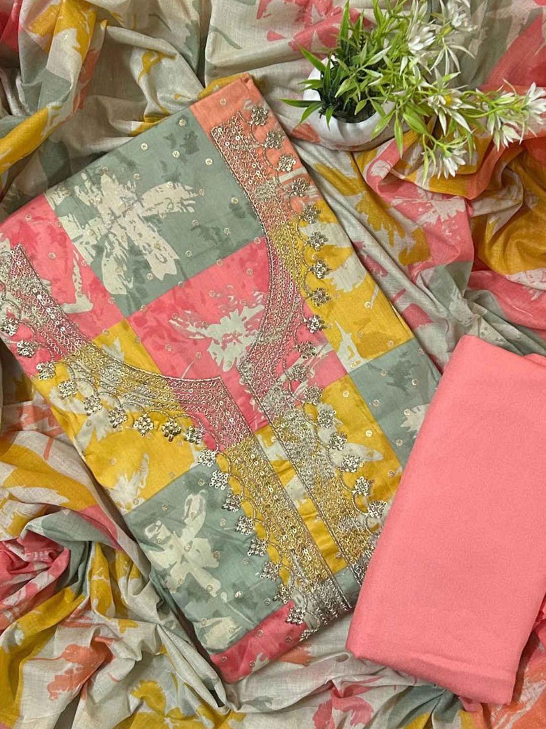 EJS Embroidered Pure Cotton Unstitched Dress Material