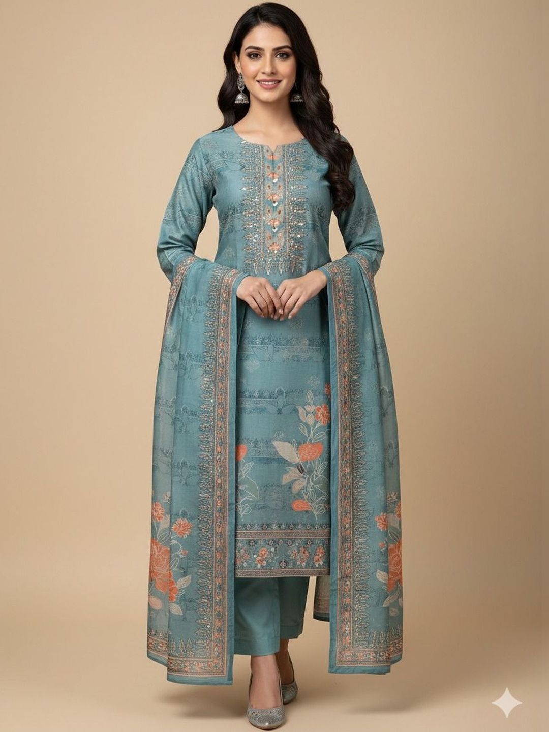 SOURAGYA Women Floral Printed Regular Sequinned Kurta with Trousers & With Dupatta