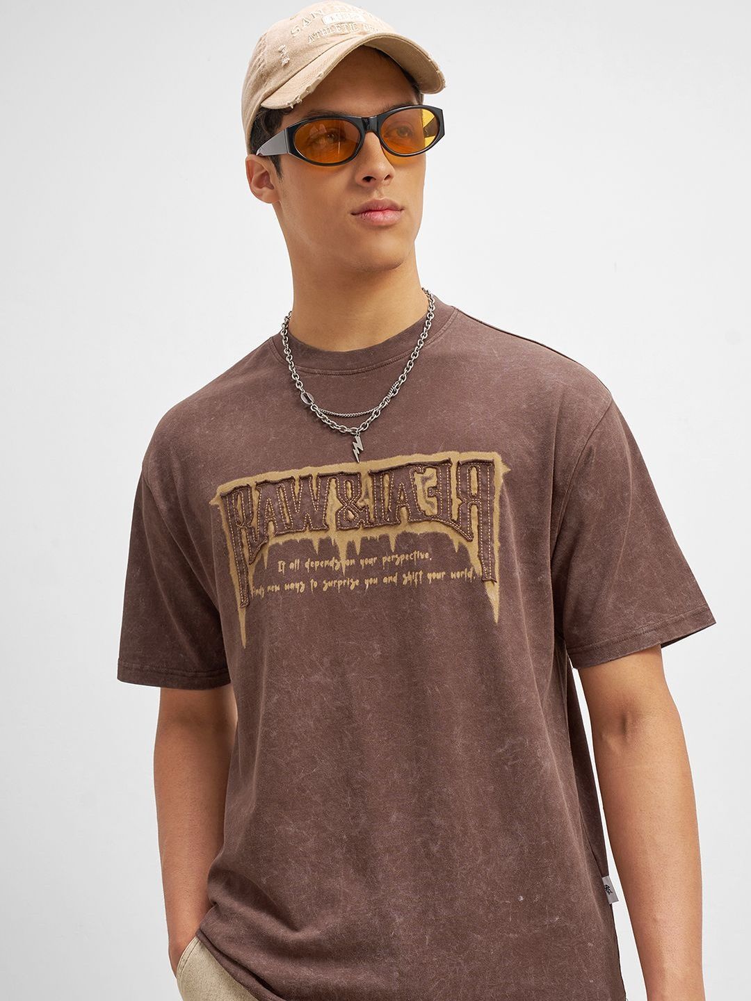 HIGHLANDER Men Brown Round Neck Half Sleeve Regular Fit Graphic Tshirt