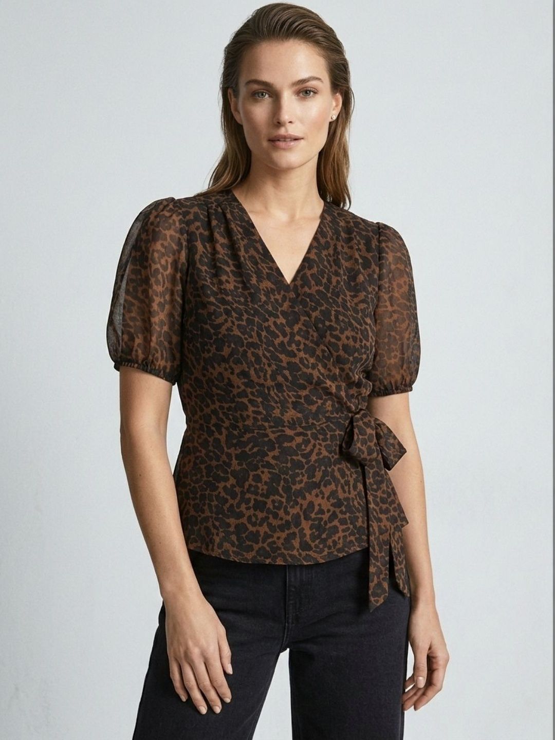 ANVI Be Yourself Animal Print Puff Sleeve Chiffon Wrap Top