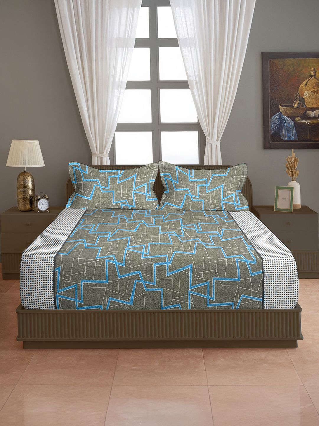 SWAYAM SWAYAM Grey Abstract Cotton 140 TC King Bedsheet with 2 Pillow Covers-90 x 100 inches