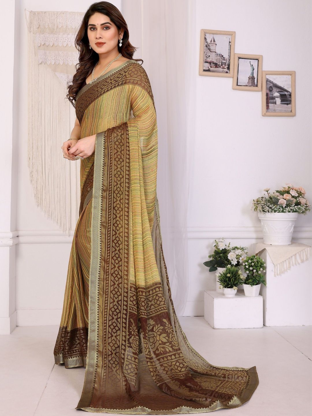 Sangria Striped Sarees With Unstitched Blouse