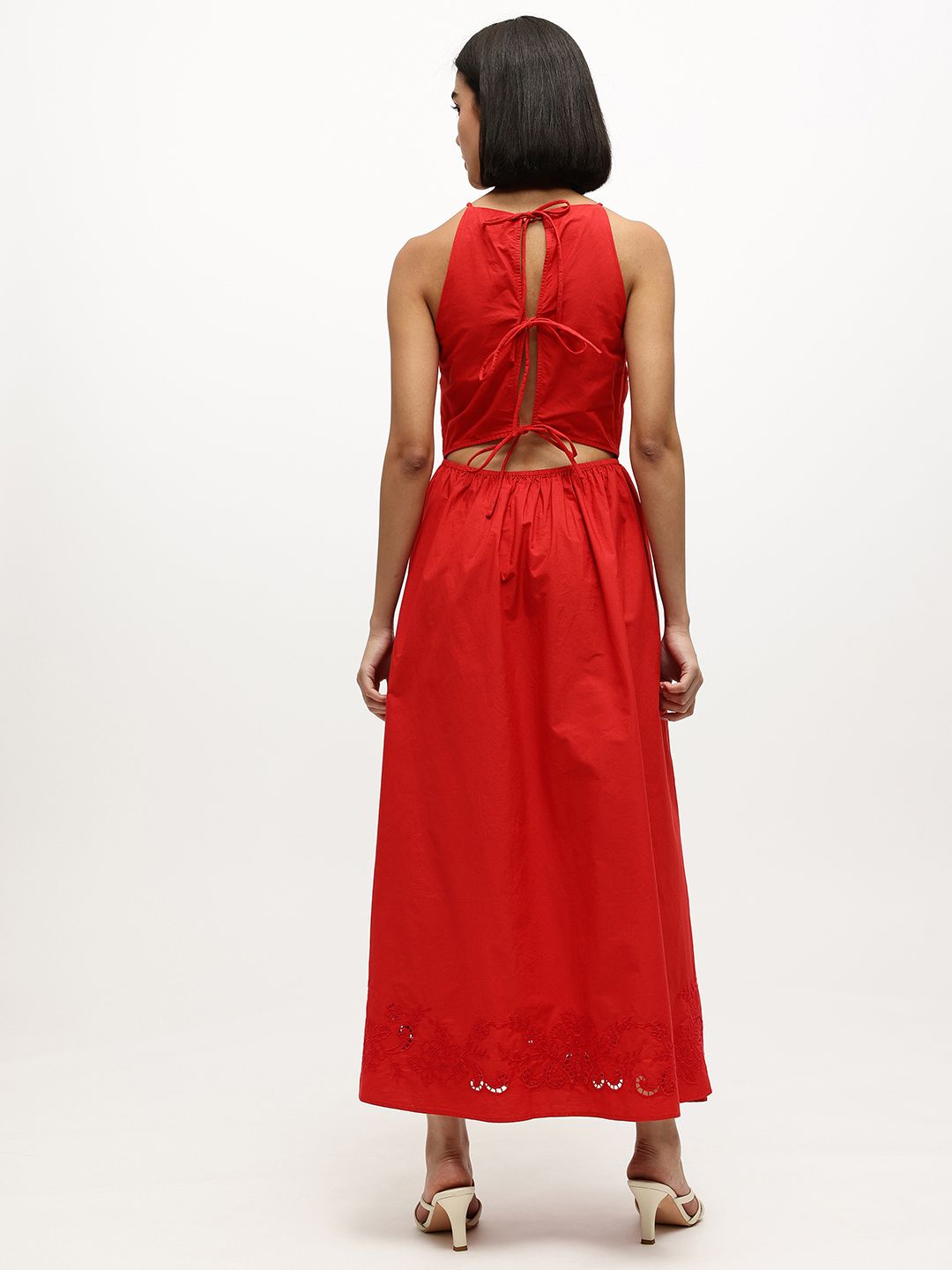 Floral Embroidered Halter Neck Pure Cotton A-Line Maxi Dress