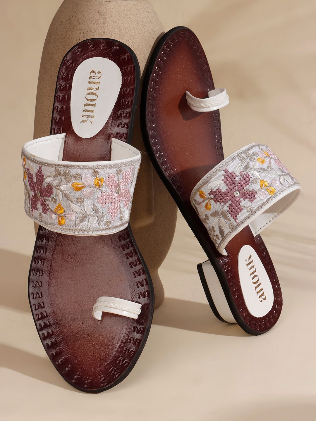 Anouk Stone & Embroiedered Flowers Leather Block Sandals
