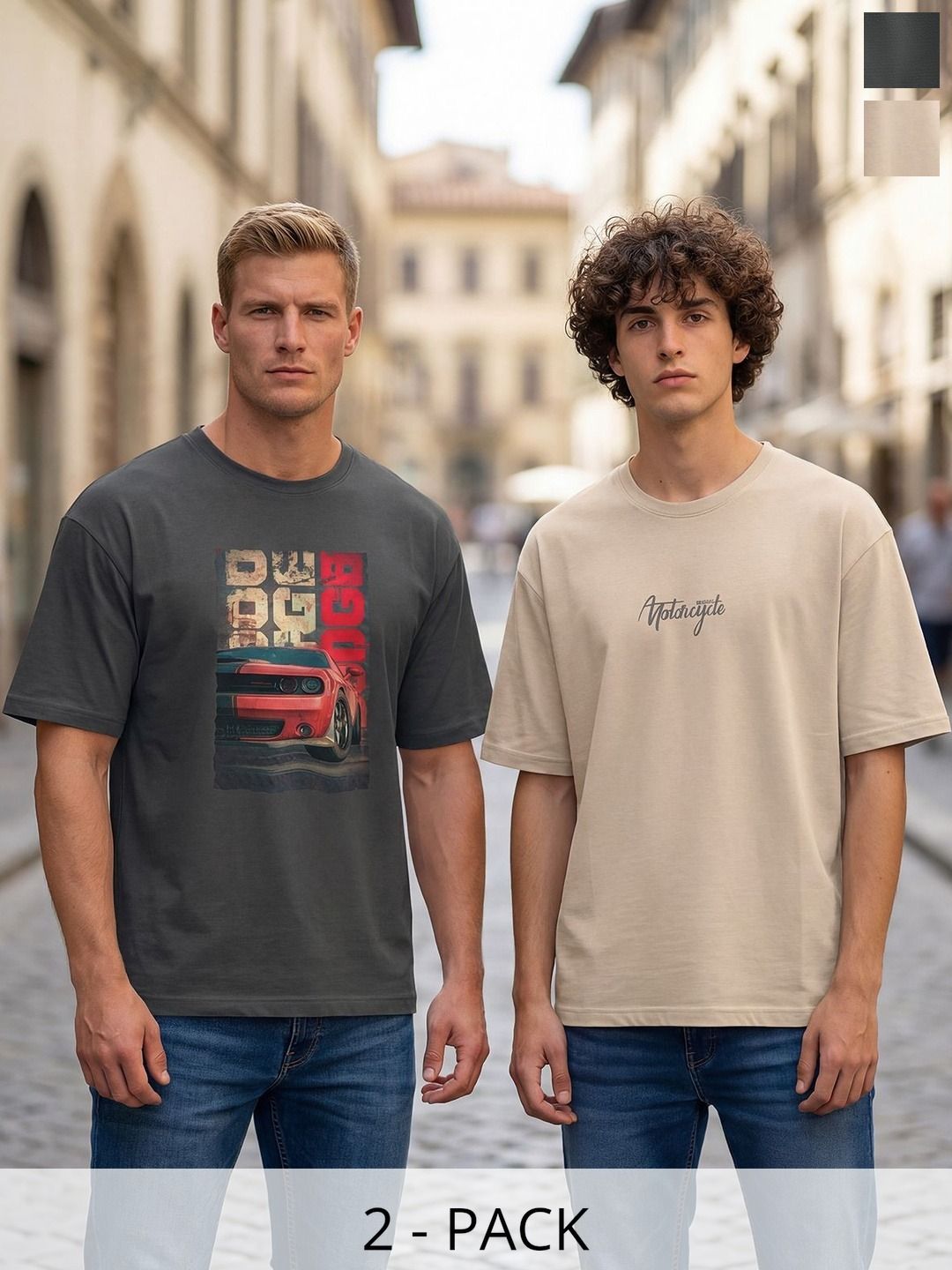 BULLMER Pack Of 2 Typography Printed Drop-Shoulder Sleeves Oversized T-shirts