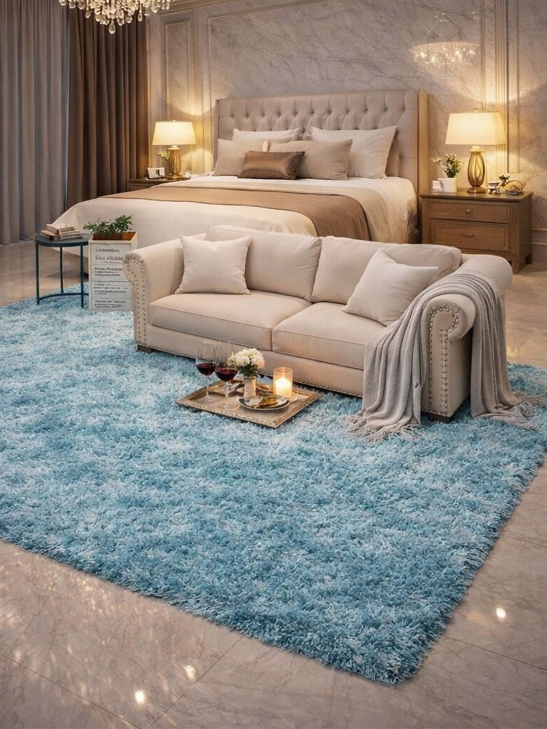KAYNAT CARPET KAYNAT CARPET Turquoise Blue Solid Shaggy Polyester Carpet