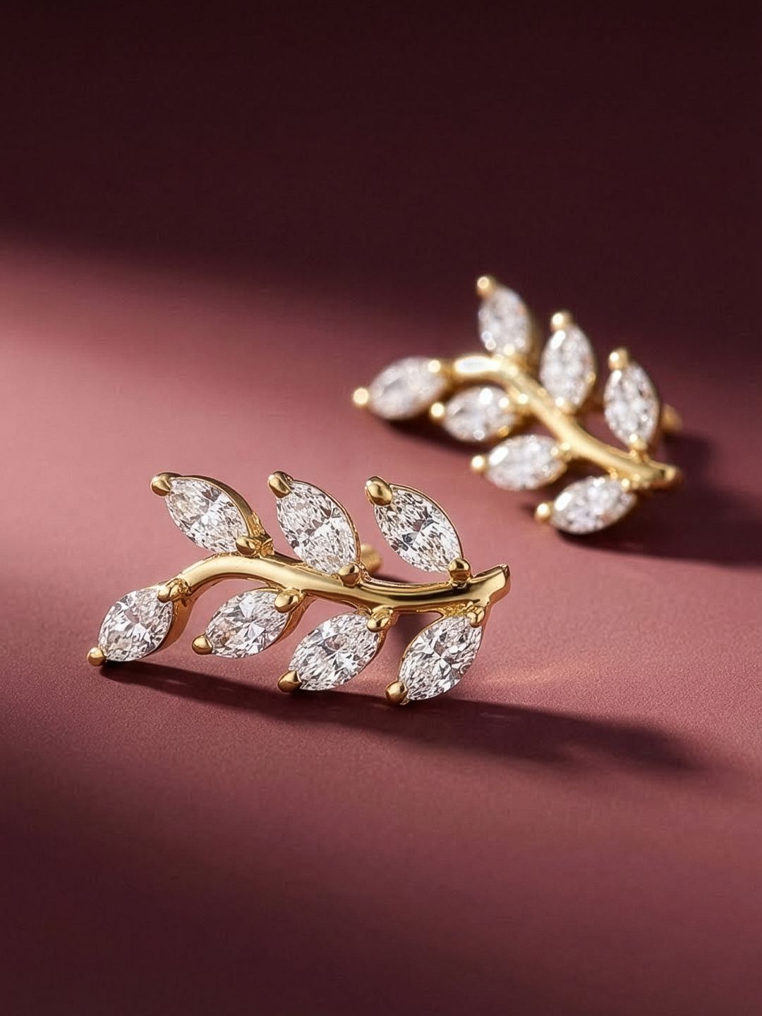 MAEJOY Elegant Leaf Lab grown diamond 92.5 Sterling Silver 18KT Gold plated stud earrings