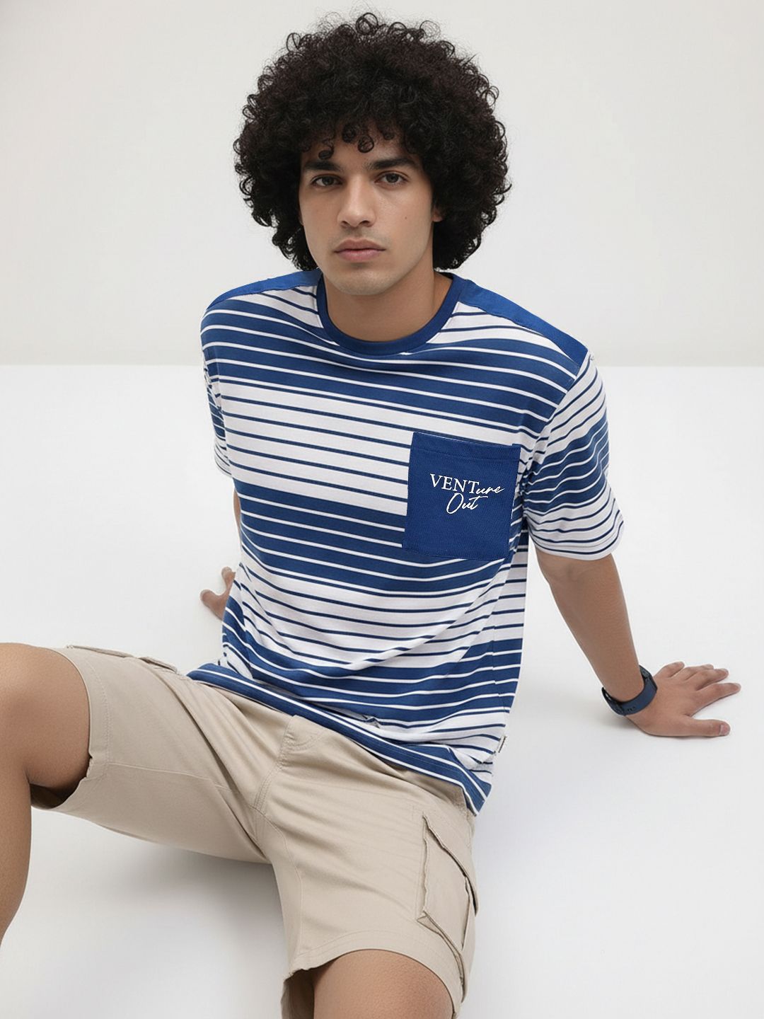 The Roadster Life Co. Striped Drop-Shoulder Sleeves Relaxed T-shirt
