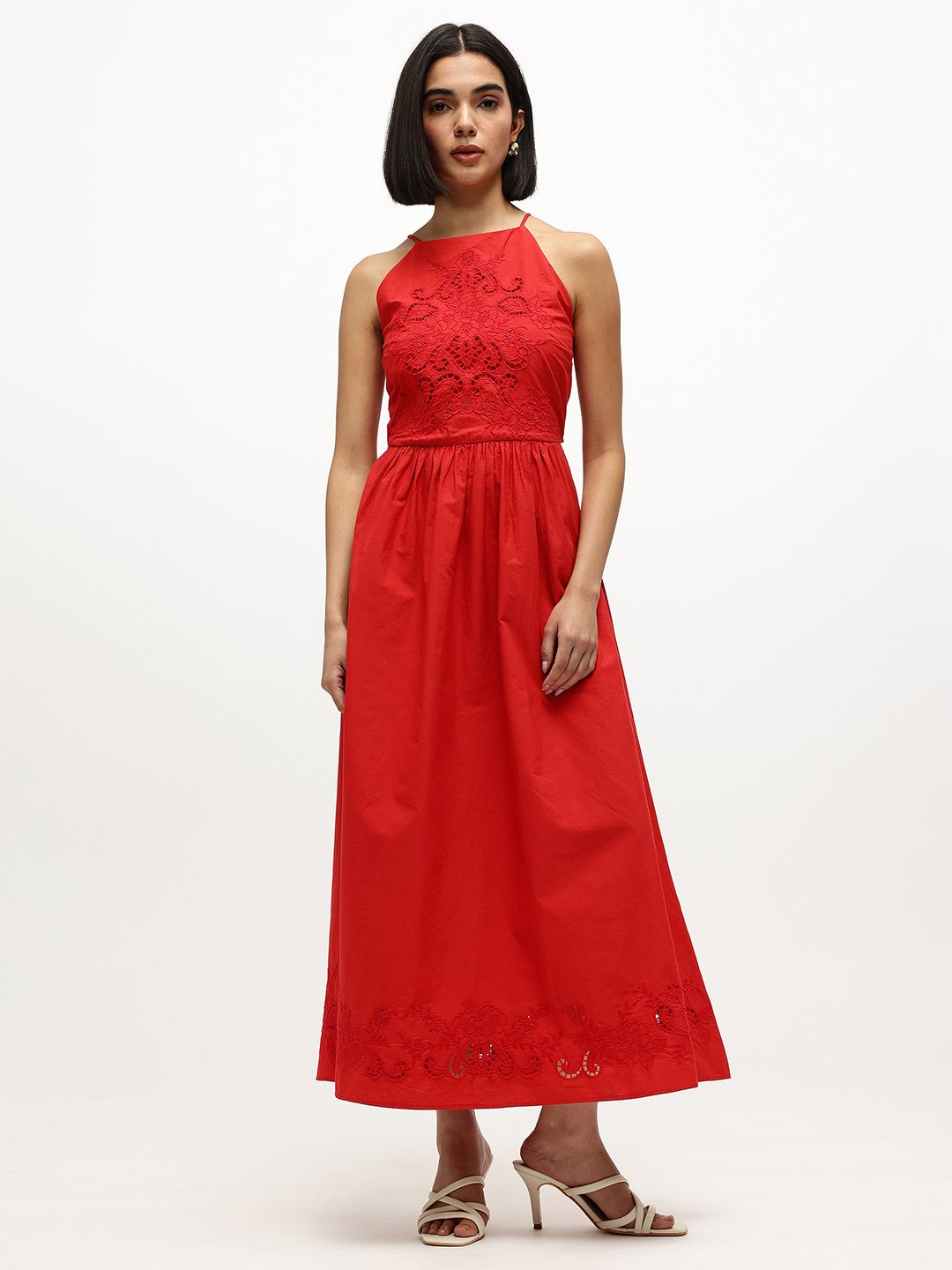 Floral Embroidered Halter Neck Pure Cotton A-Line Maxi Dress