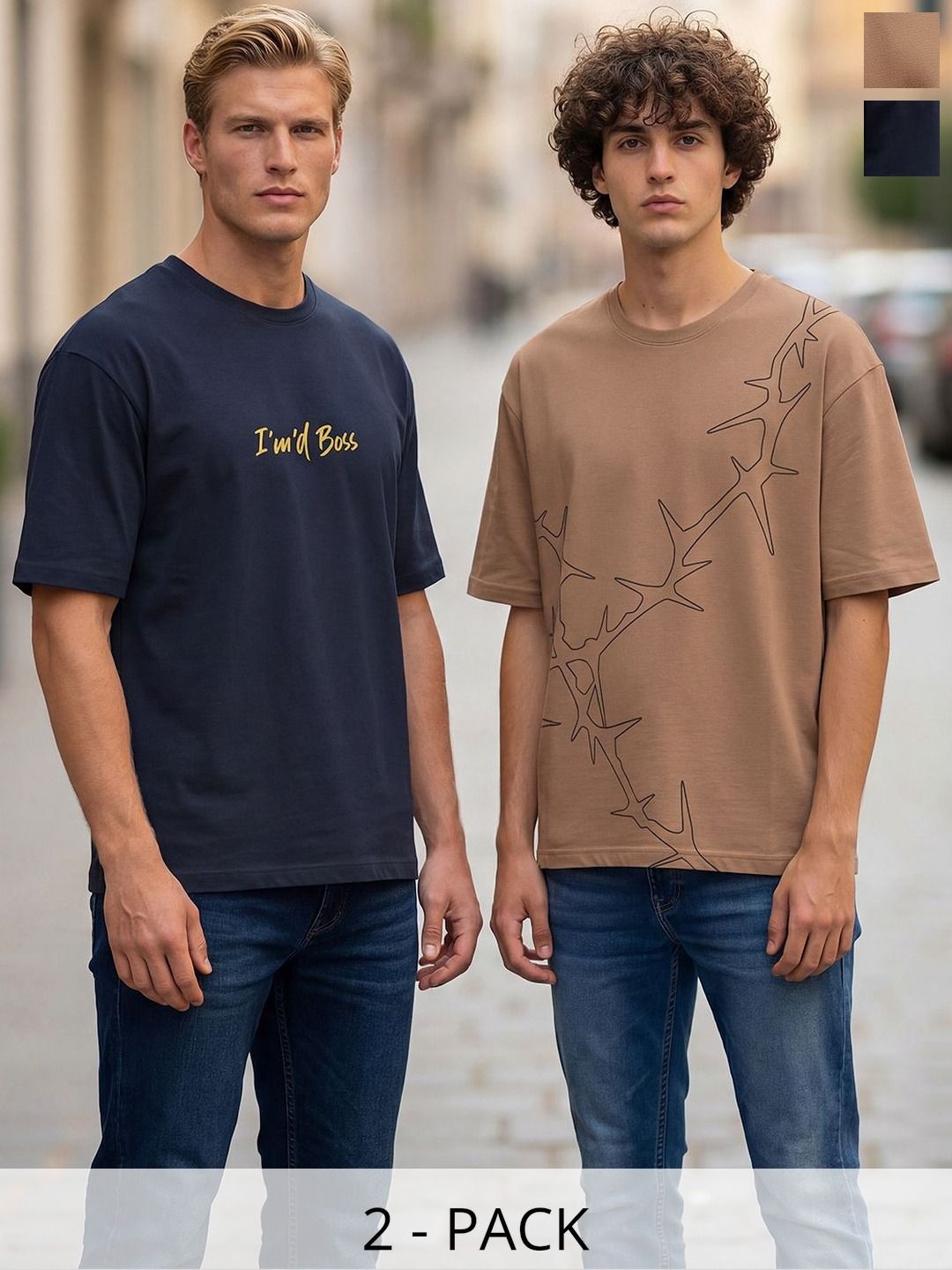 BULLMER Pack Of 2 Typography Printed Round Neck Oversized T-shirts