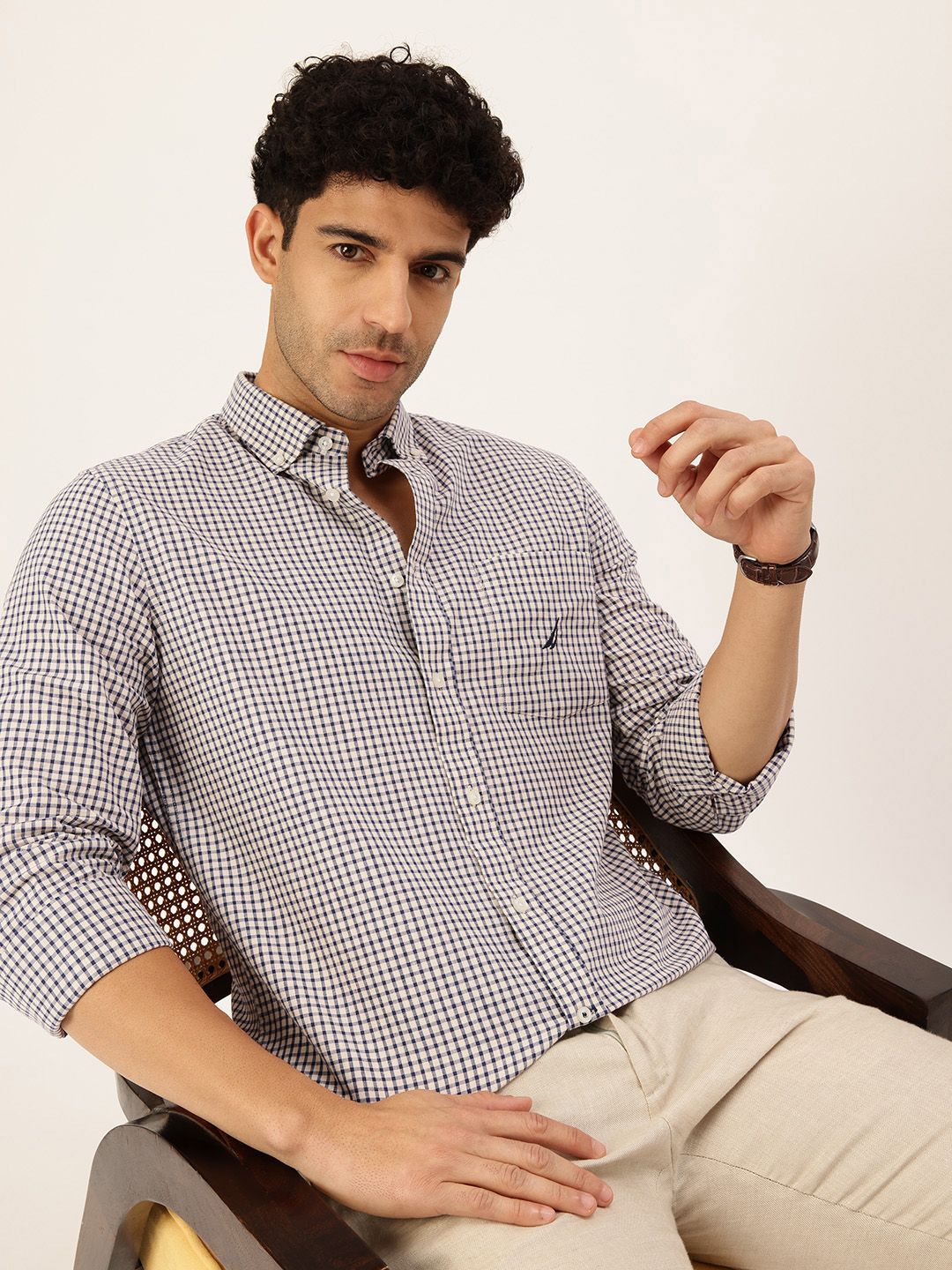 Nautica Nautica Cotton-Linen Button-Down Collar Slim Fit Checked Casual Shirt