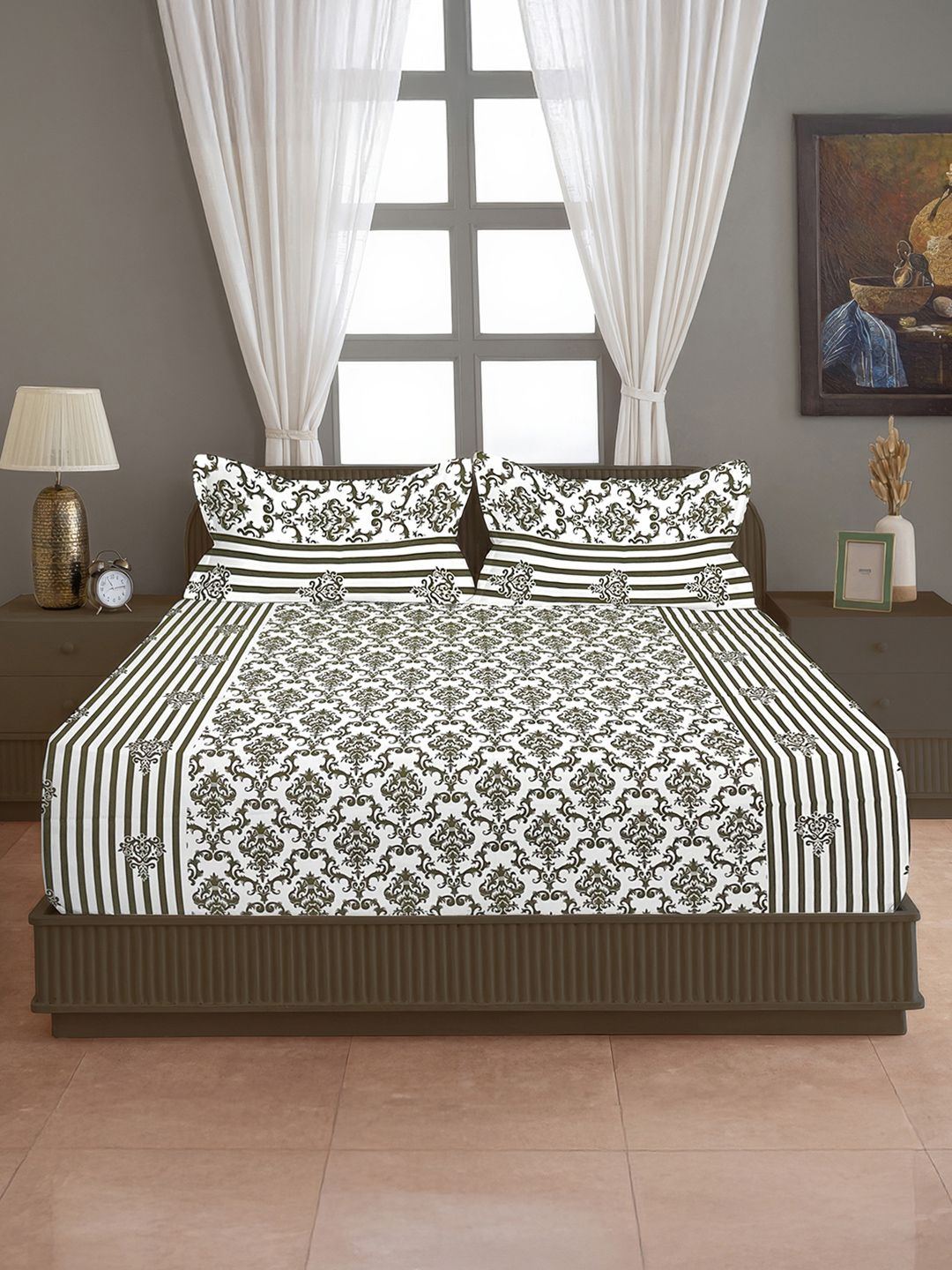 SWAYAM SWAYAM Vedic Brown Ethnic Motifs Pure Cotton 144 TC King Bedsheet with 2 Pillow Covers-100 x 90 inches