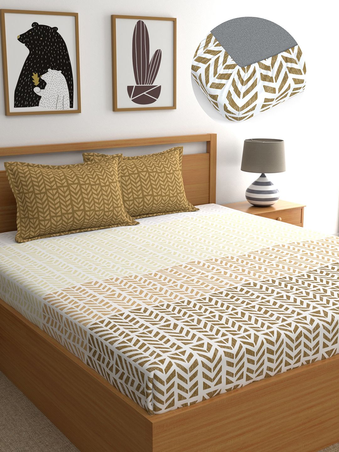 Home Ecstasy Brown Abstract Pure Cotton 140 TC Fitted King Bedsheet with 2 Pillow Covers-72 x 78 inches