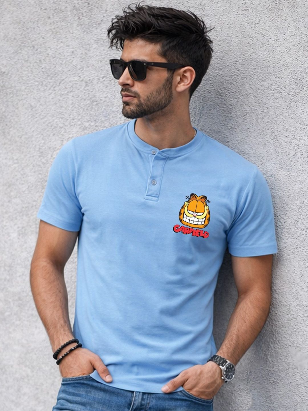 Kook N Keech X Minute Mirth Men Garfield Printed Henley Neck T-shirt