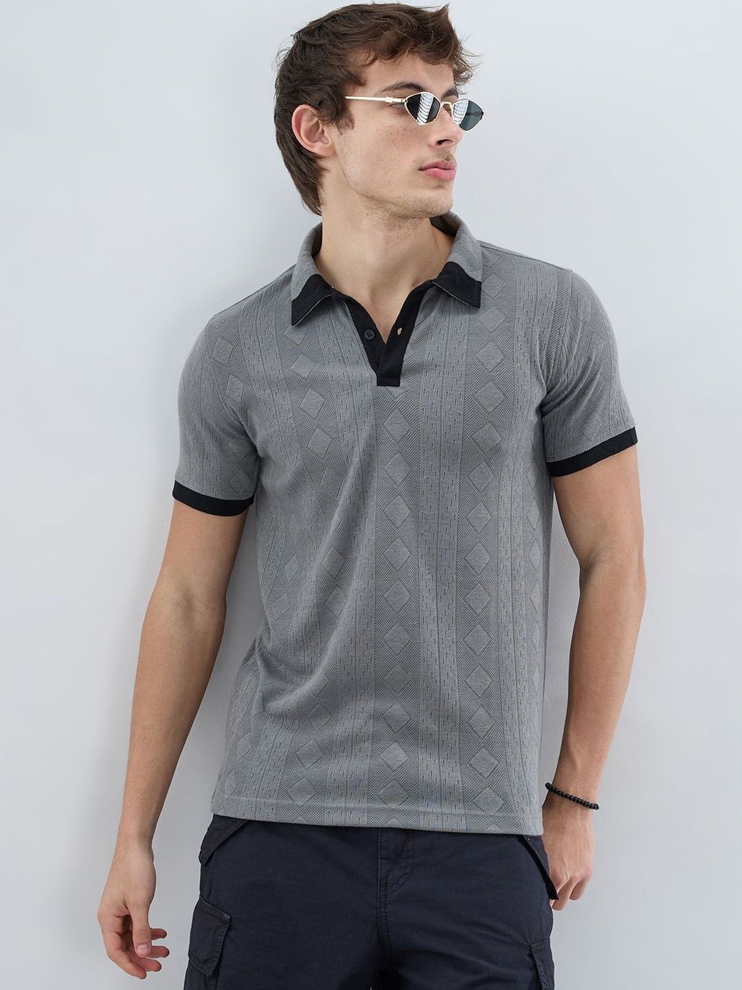 VASTRADO Zinc Grey Contrast Polo Neck Diamond Weave Knit Tshirts