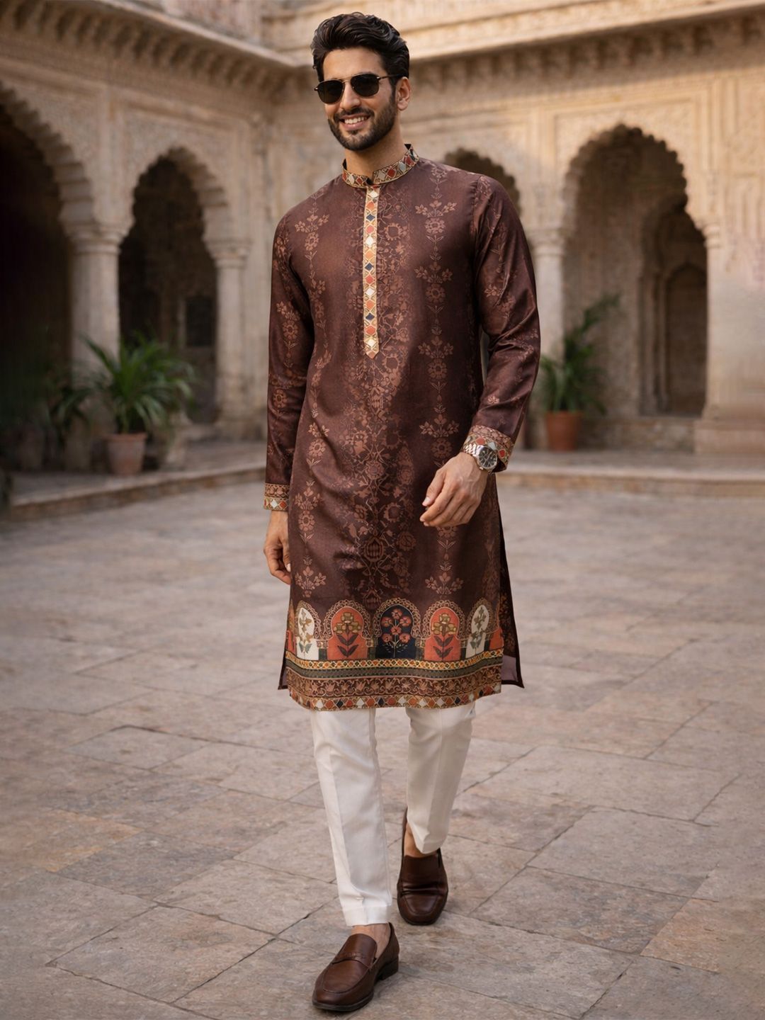 House of Pataudi Printed Mandarin Collar Knee Length Straight Kurta
