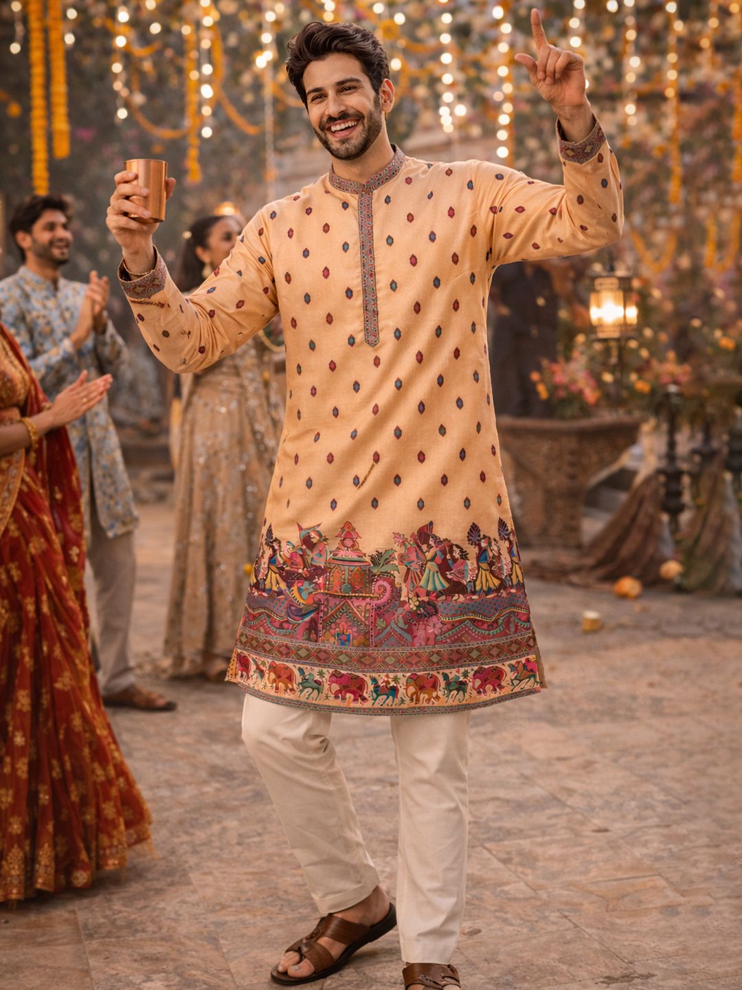 House of Pataudi Printed Mandarin Collar Knee Length Straight Kurta