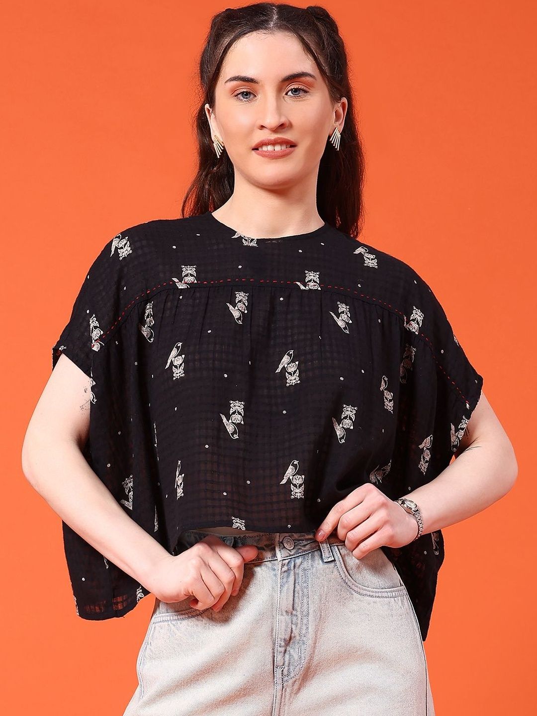 LIMEROAD LIMEROAD Women Ethnic Printed Cambric Round Neck Fusion Tops