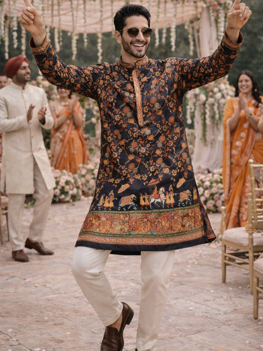 House of Pataudi Printed Mandarin Collar Knee Length Straight Kurta
