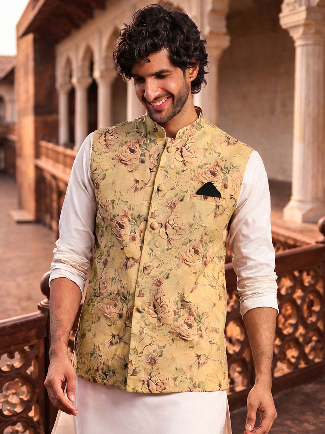 VASTRAMAY Printed Mandarian Collar Neck Woven Nehru Jacket