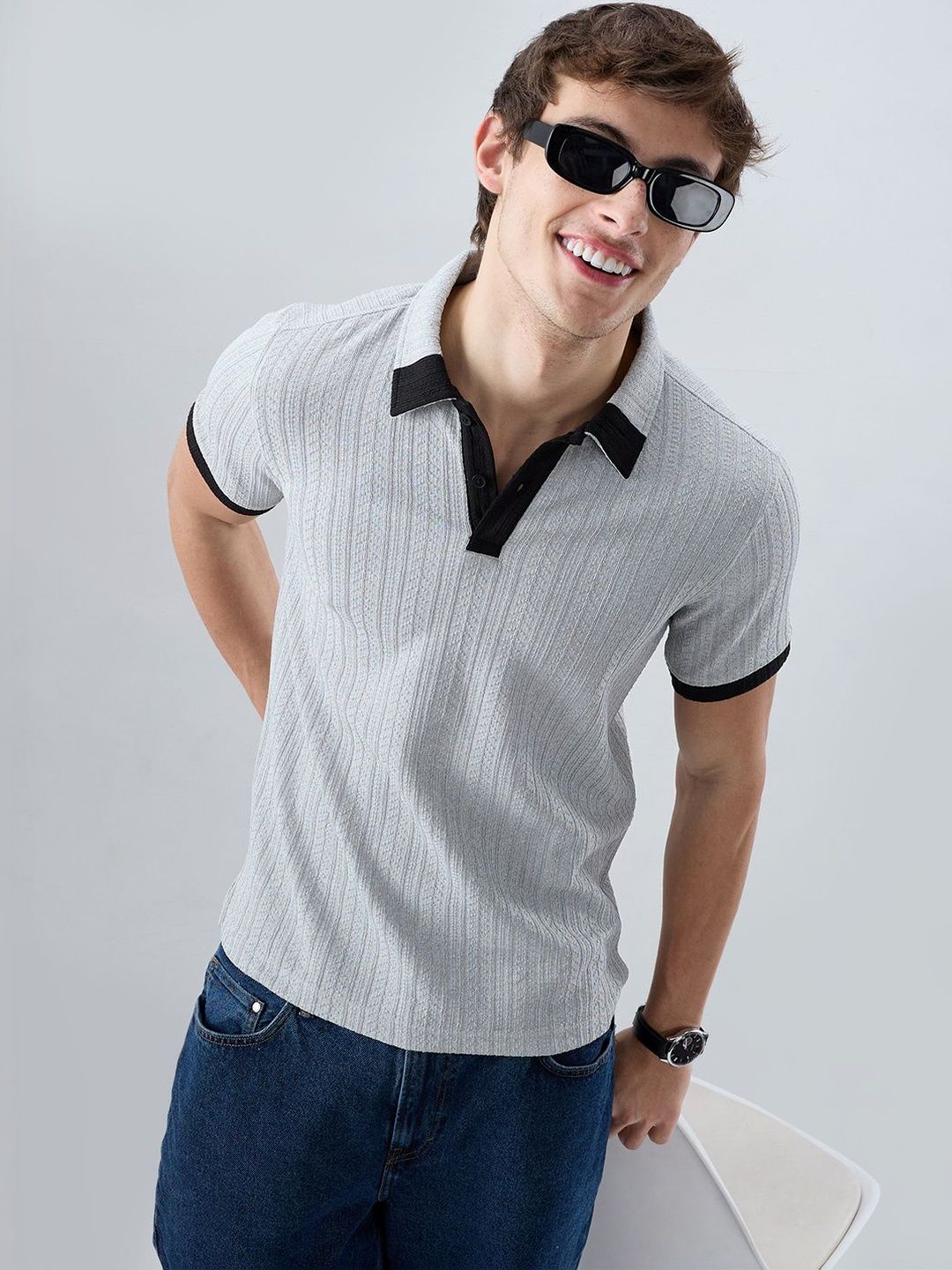 VASTRADO Light Grey Contrast Polo Neck Tshirts