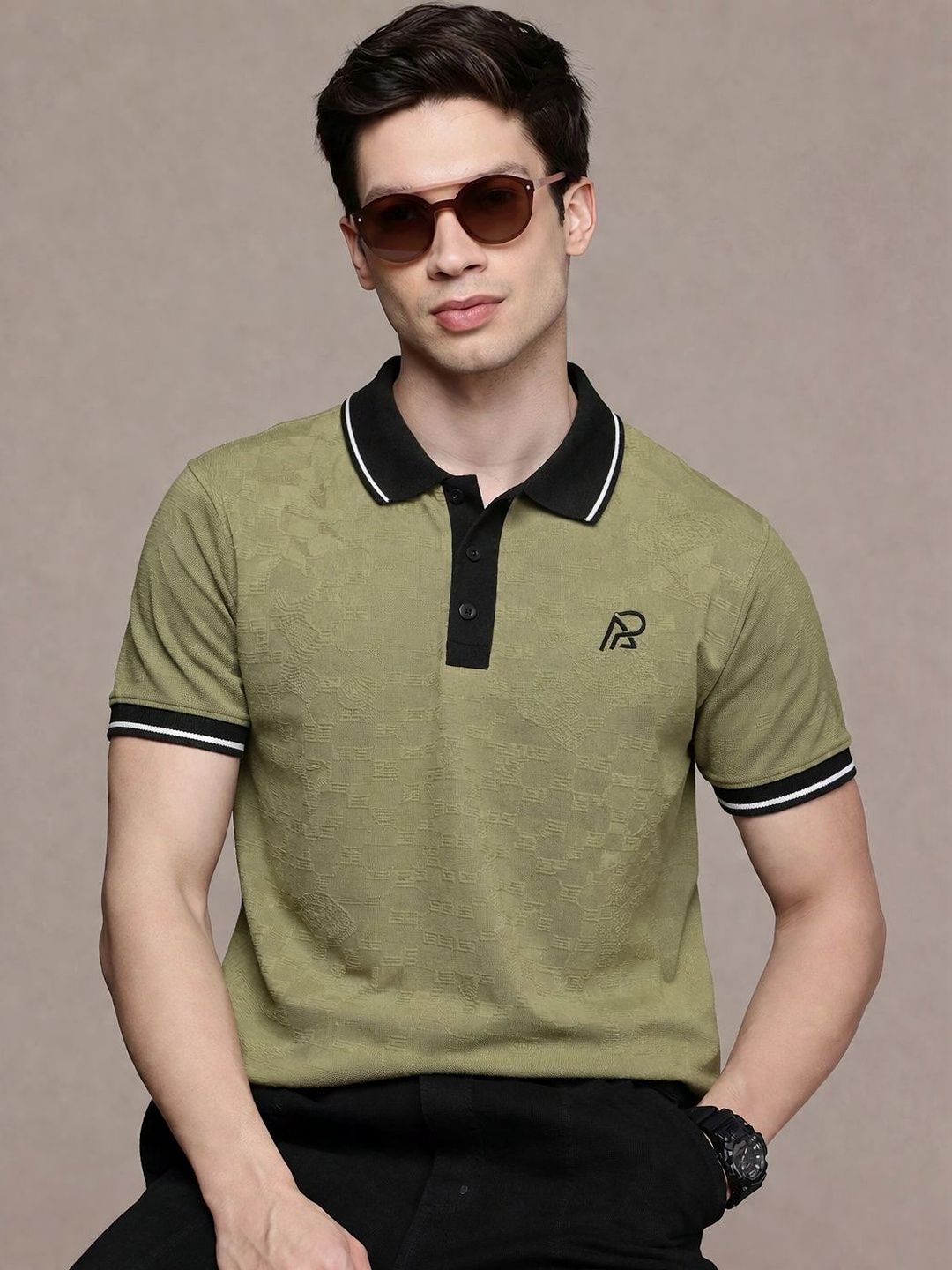 COMBRAIDED Men Textured Polo Collar Button Placket Tshirts
