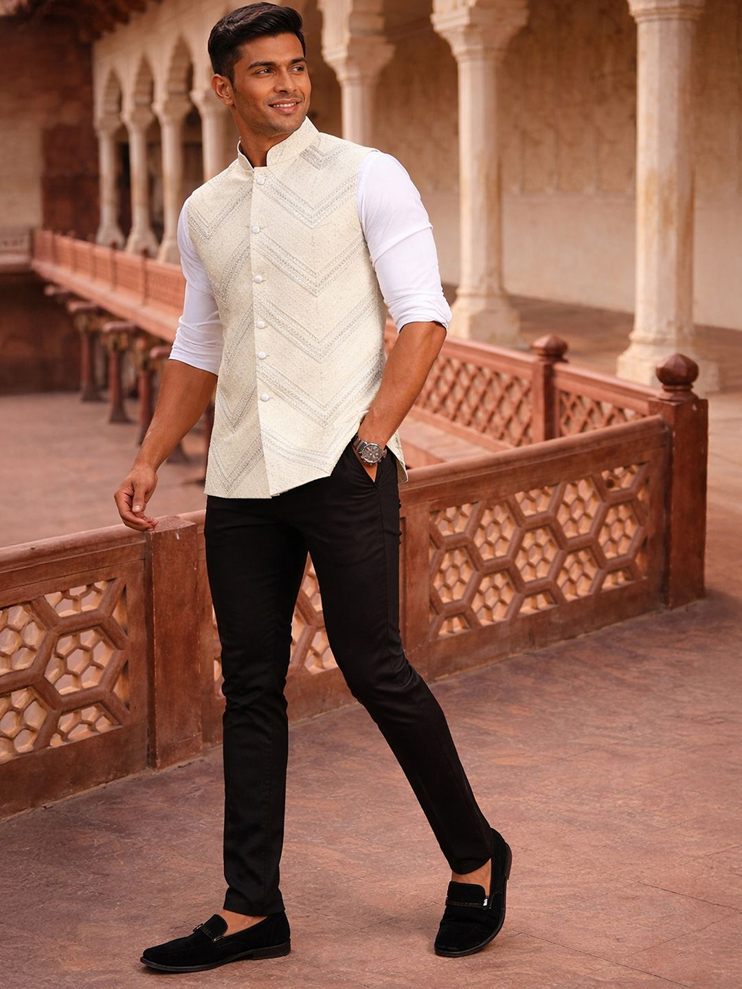 VASTRAMAY Embellished Mandarian Collar Neck Woven Nehru Jackets