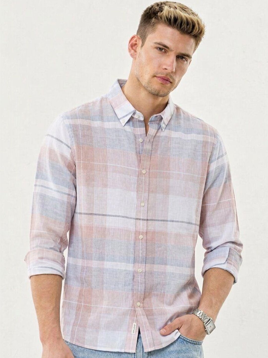 Foomer Foomer Formal Peach Check's Men's Shirts