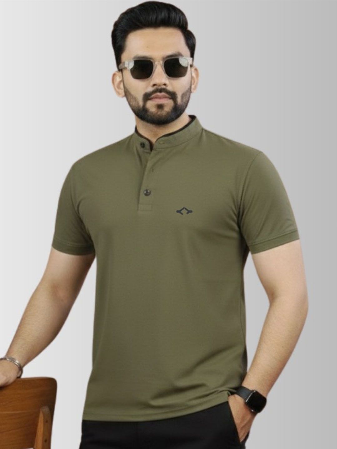 BUFFARO Ban Collar Neck Plain Polycotton Mens Tshirts