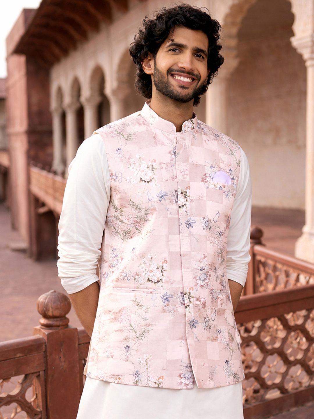 VASTRAMAY Printed Mandarian Collar Neck Woven Nehru Jacket