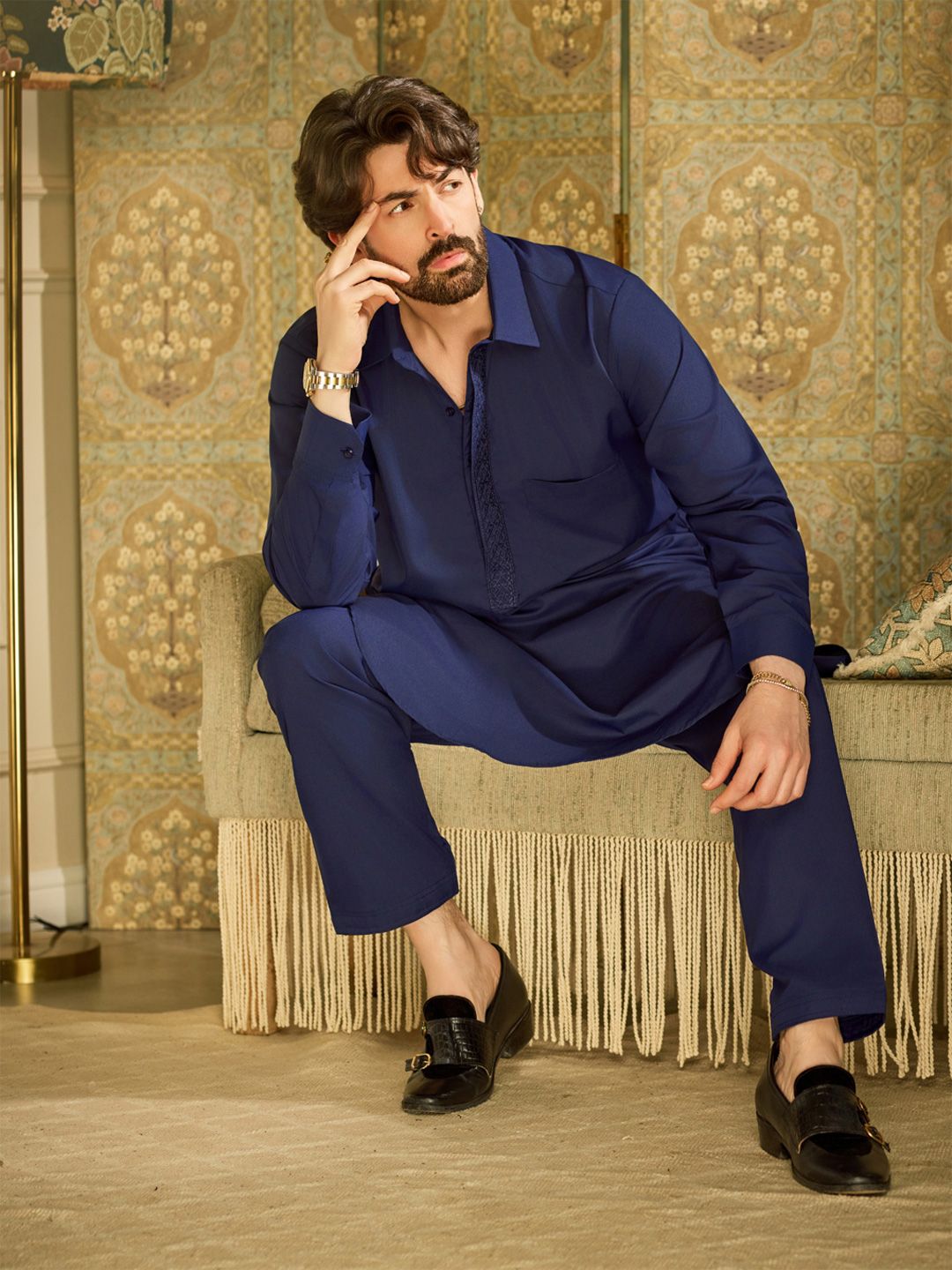 Sojanya Men's Navy Cotton Silk Kurta With Sequinned Embroidery - Traditional Long Kurta Since 1958