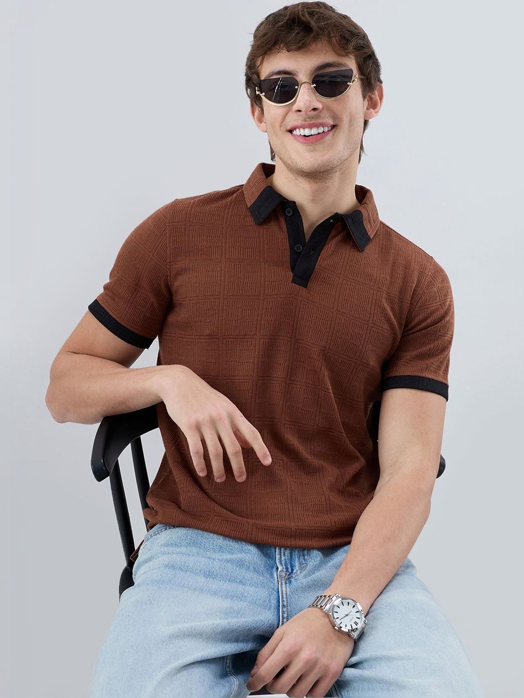 VASTRADO Self Design Polo Collar Slim Fit Knit Tshirt