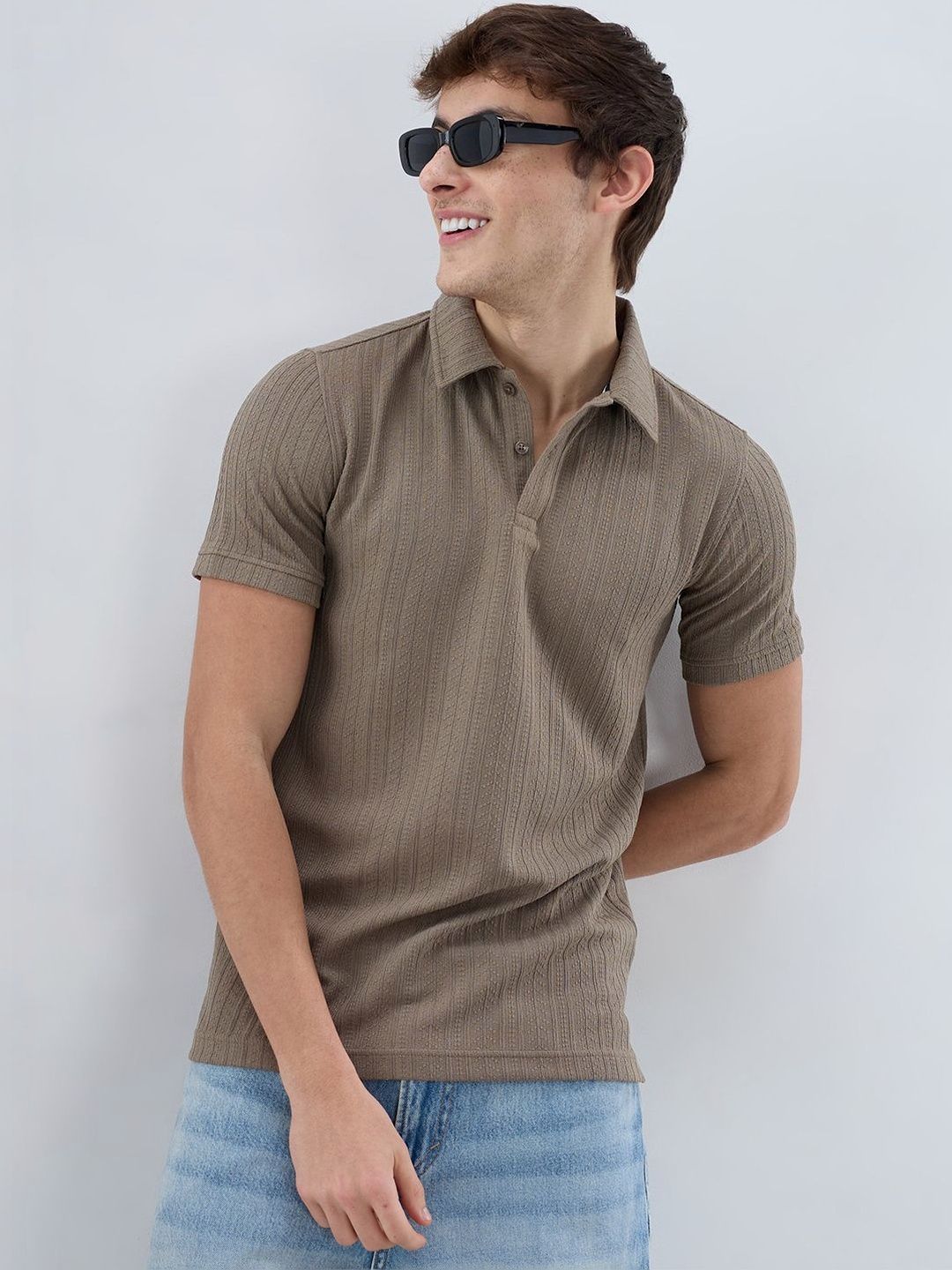 VASTRADO Dusty Beige Polo Neck Knit Tshirts