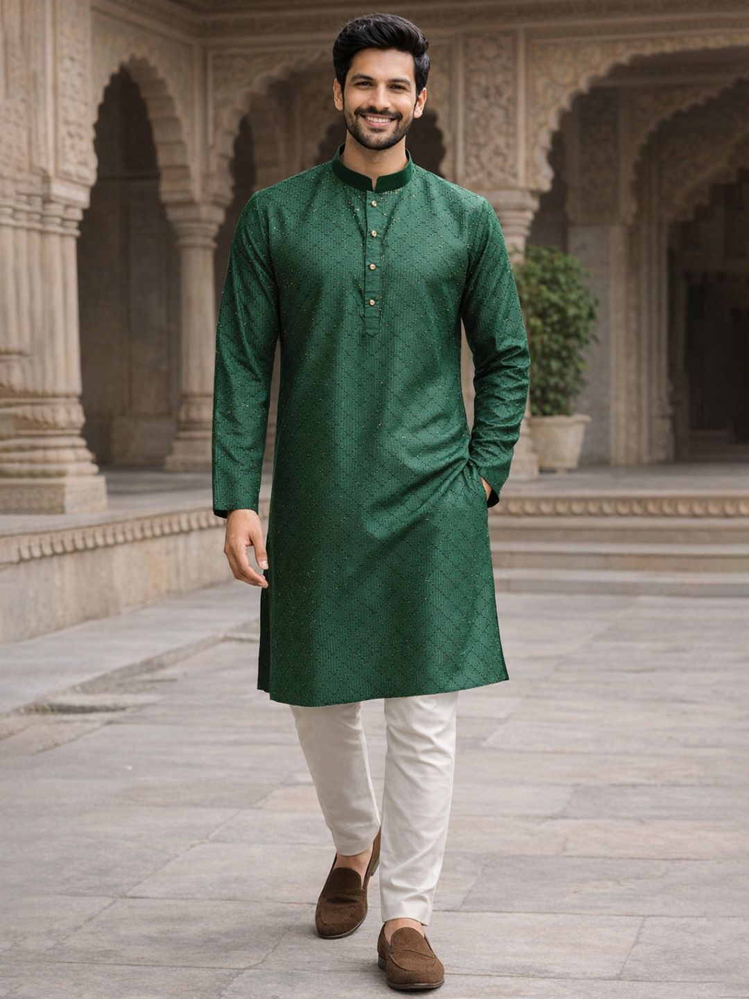 House of Pataudi Green Embroidered Mandarin Collar Long Sleeve Sequins Straight Kurtas