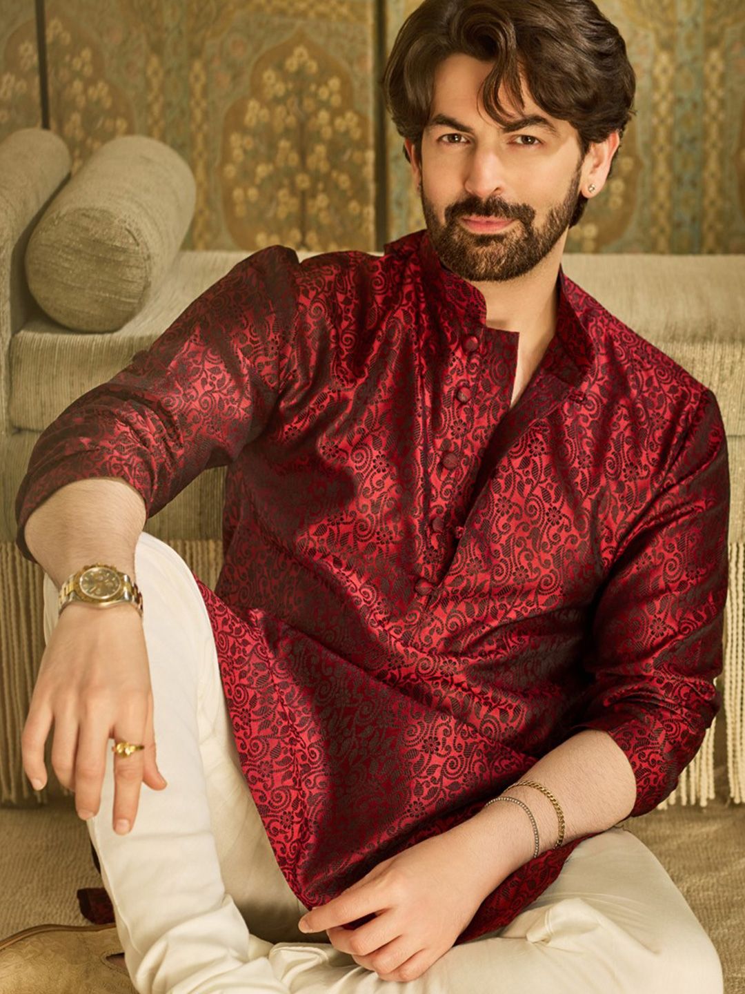 SOJANYA Ethnic Motifs Woven Design Mandarin Collar Straight Kurta