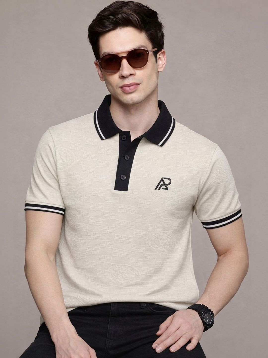 COMBRAIDED Men Textured Polo Collar Button Placket Tshirts