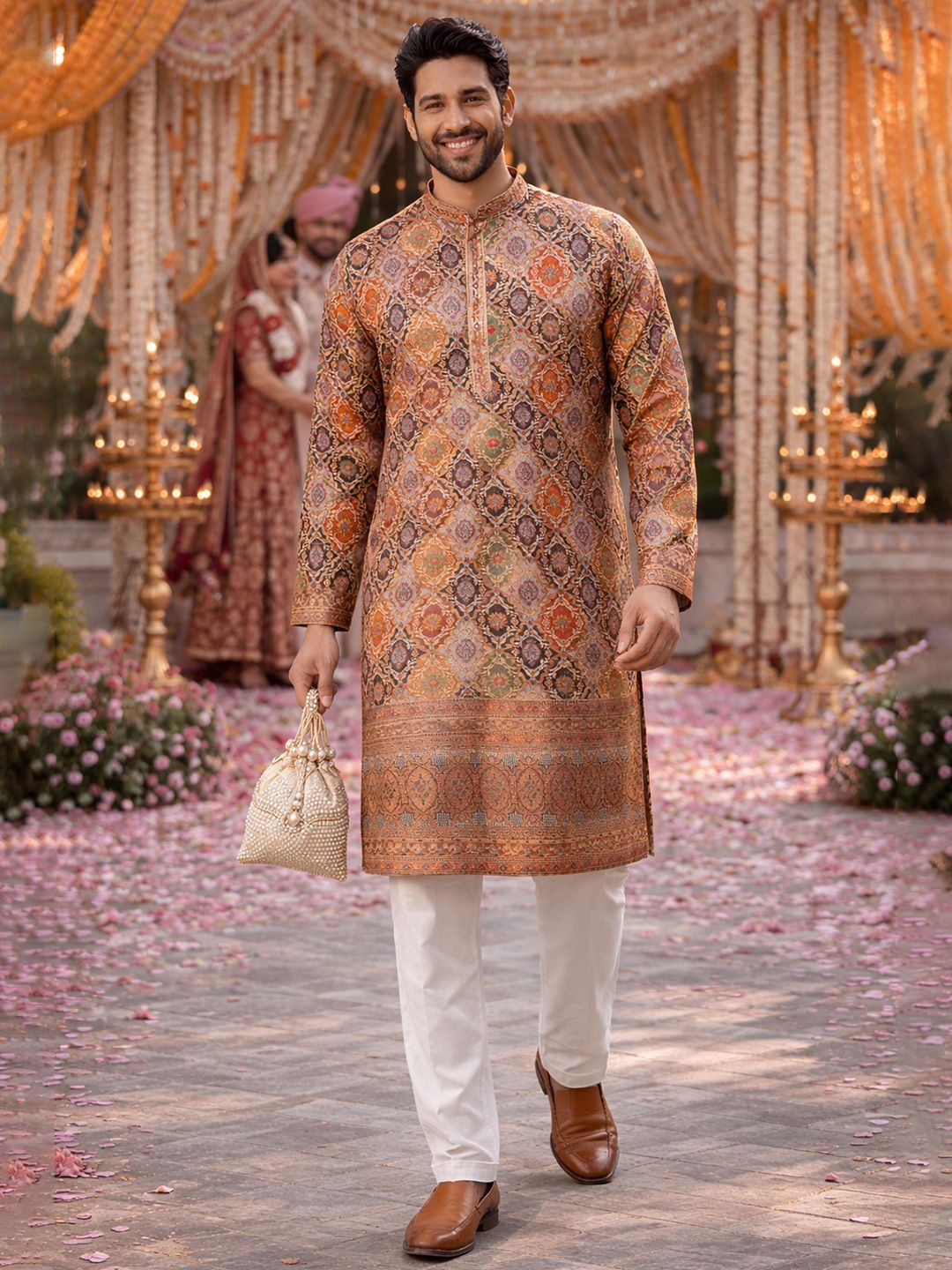 House of Pataudi Printed Mandarin Collar Knee Length Straight Kurta